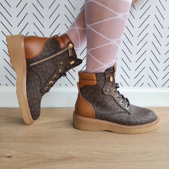 ❤️Michael Kors Womens Booties Sz 7.5 Trudy logo Leather Combat Ankle Boots Brown - Picture 1 of 14